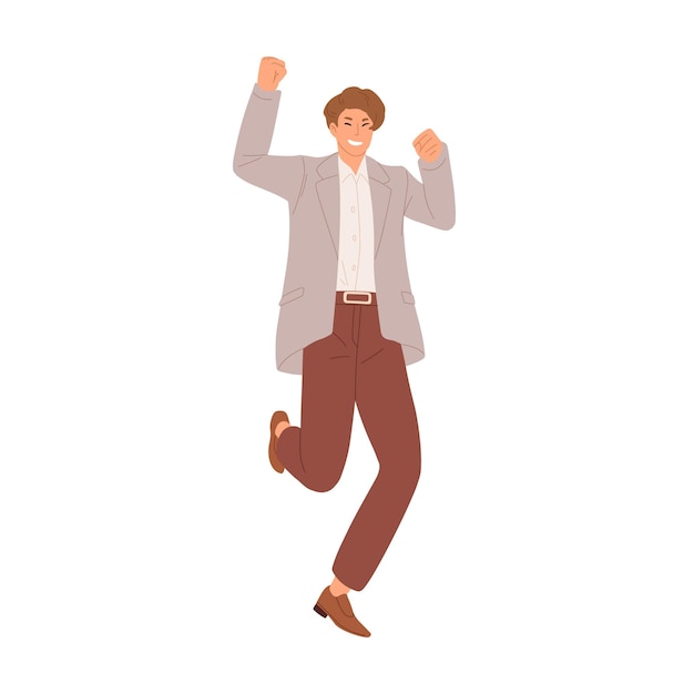 Homem sorridente feliz pulando de alegria e comemorando o sucesso nos negócios. empresário de sorte desfrutando de suas conquistas. ilustração em vetor plana colorida de cara animado isolado no fundo branco.