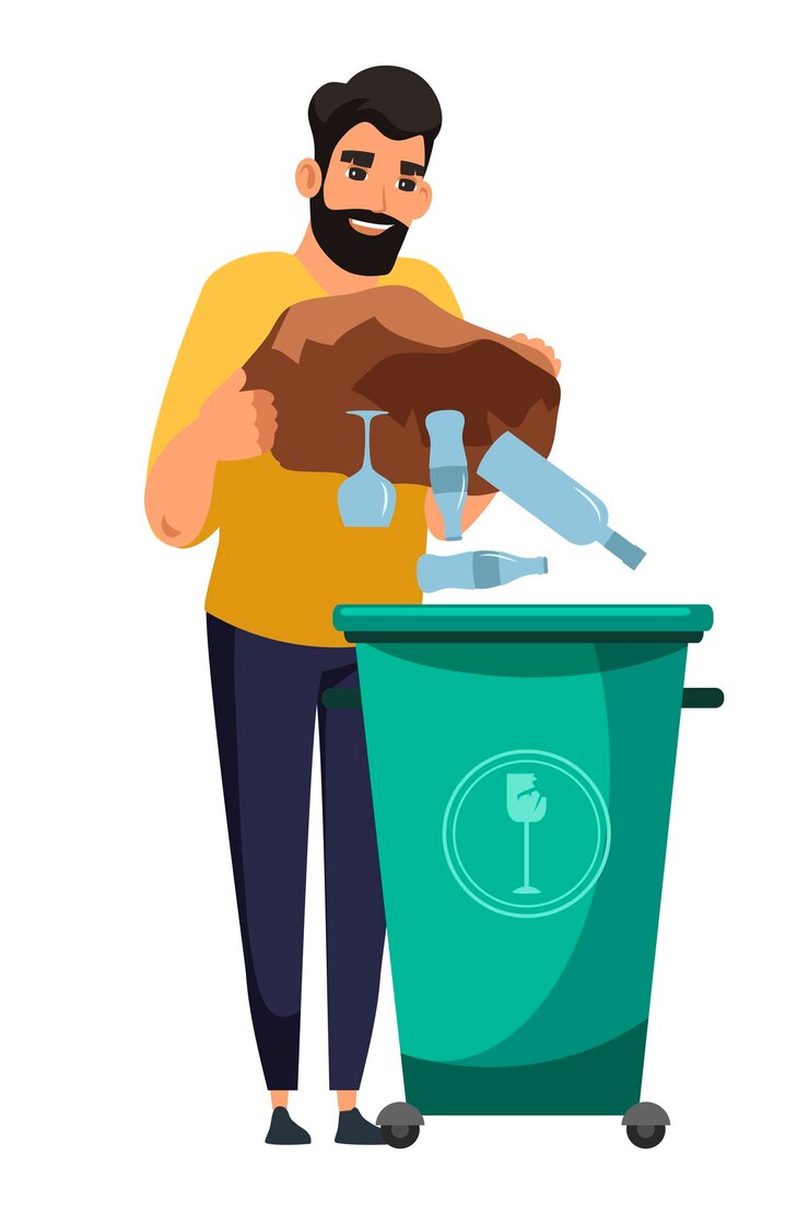 Vetor homem sorridente jogando vidro no recipiente do tanque de lixo. triagem e gerenciamento de resíduos. pessoa humana ecológica isolada no fundo branco. proteção ecológica e ambiental
