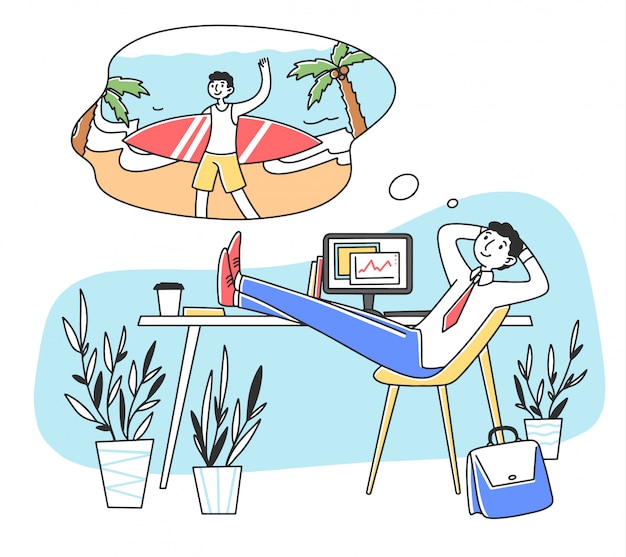 Homem sorridente no trabalho, sonhando com ilustração de férias