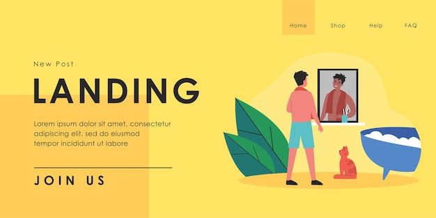 Homem sorridente olhando no espelho no banheiro. Personagem masculino se preparando para o banho, banheira espumosa, gato no chão ilustração vetorial plana. Rotina diária, conceito de higiene para banner, design de site