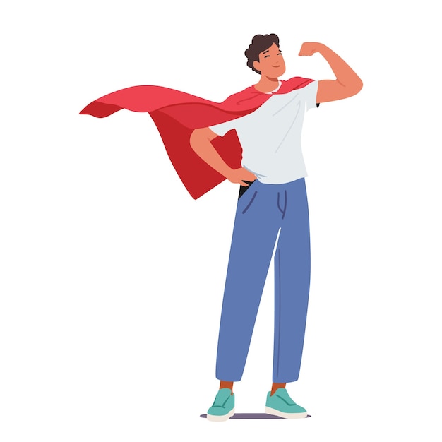 Homem super-herói demonstra habilidades de poder e determinação luta corajosamente pela justiça salva vidas e inspira outros com força e resiliência ilustração vetorial de pessoas de desenhos animados