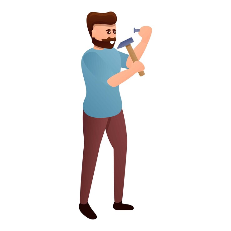 Vetor homem trabalha com ícone de martelo caricatura de homem trabalha com ícono vetorial de martelo para design web isolado em fundo branco