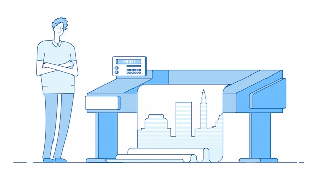 Homem trabalha com plotadora. impressão em grande formato grande. conceito de editora de escritório de impressão
