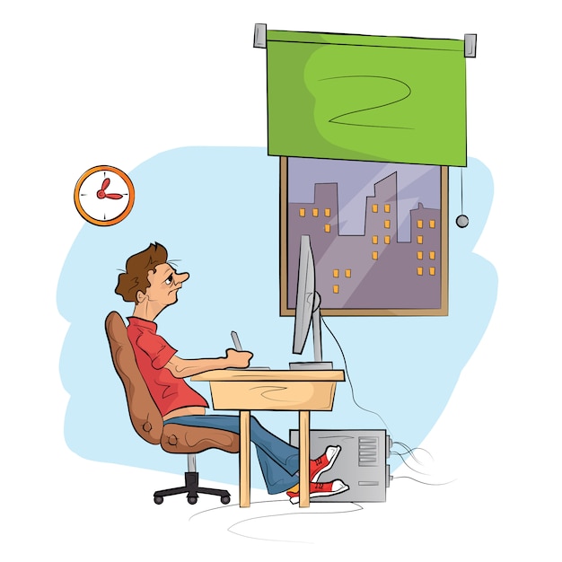 Homem trabalha no computador. Ilustração de desenho de mão desenhada