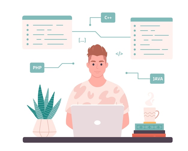 Homem trabalhando no laptop. Desenvolvedor de TI. Código de programação. Freelance, trabalho remoto, programação.