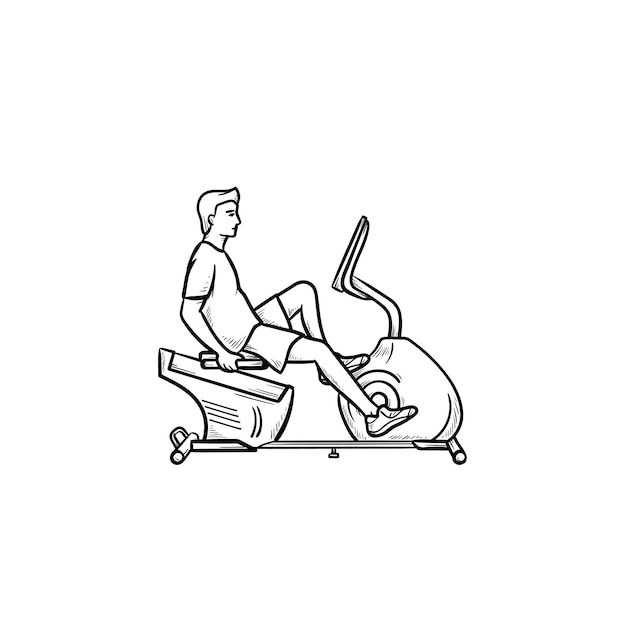 Homem treinando no ícone de doodle de contorno desenhado de mão de bicicleta ergométrica. máquinas de fitness, conceito de exercícios de treino de ginásio. ilustração de desenho vetorial para impressão, web, mobile e infográficos em fundo branco.