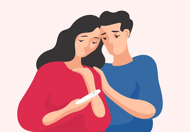 Homem triste e mulher juntos e olhando para o teste de gravidez, mostrando uma linha. Casal infértil, problema de fertilidade, dificuldade para conceber. Ilustração vetorial colorida em estilo cartoon plana.
