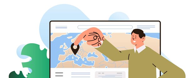 Homem turista colocando marca de localização ou alfinete no mapa do mundo escolha seu destino serviço turístico internacional conceito de viagem retrato horizontal ilustração vetorial