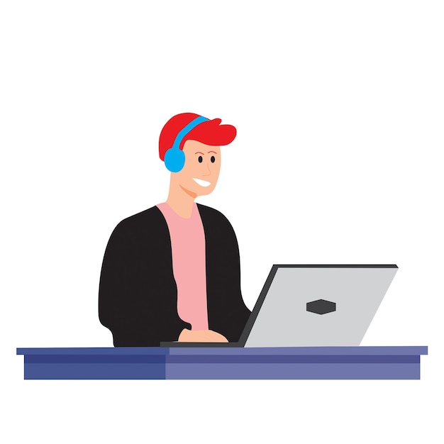 Homem usando fone de ouvido azul trabalhando com um laptop em uma mesa em um fundo branco