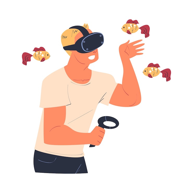 Vetor homem usando fone de ouvido de realidade virtual entre peixes imersos em ilustração vetorial de mundo vr abstrato
