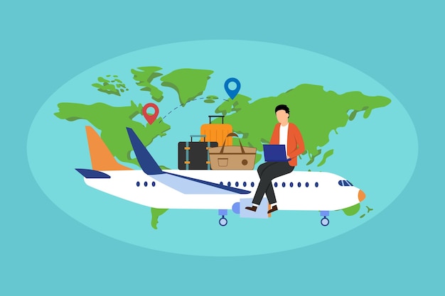 Homem usando laptop sentado em um avião