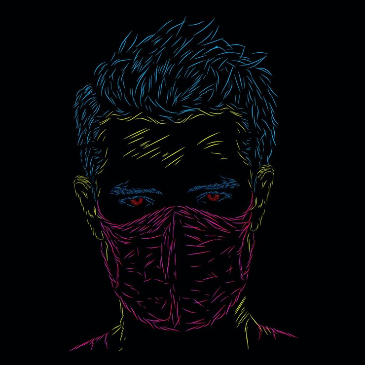 Vetor homem usando máscara médica linha de arte logotipo design colorido com fundo escuro isolado