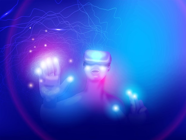Homem usando óculos VR conexão virtual metaverso no fundo abstrato azul brilhante para o conceito de tecnologia metaverso