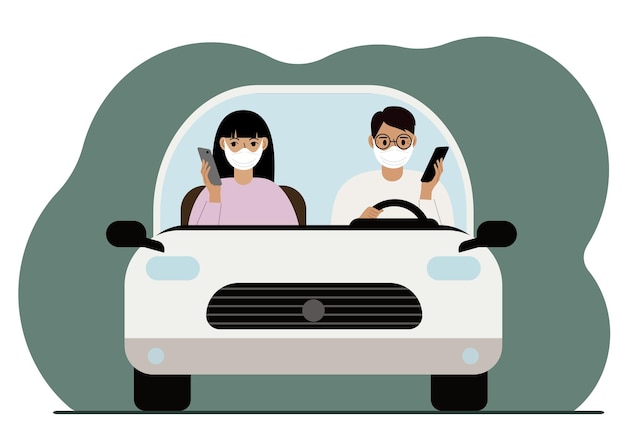 Homem usando smartphone enquanto dirige um carro. um homem está carregando sua família em um carro. o motorista e os passageiros com máscaras médicas. perigo de condução. ilustração em vetor plana