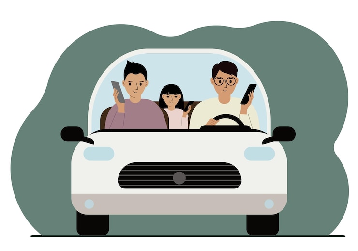 Vetor homem usando smartphone enquanto dirige um carro. um homem está carregando sua família em um carro. perigo de condução. ilustração em vetor plana