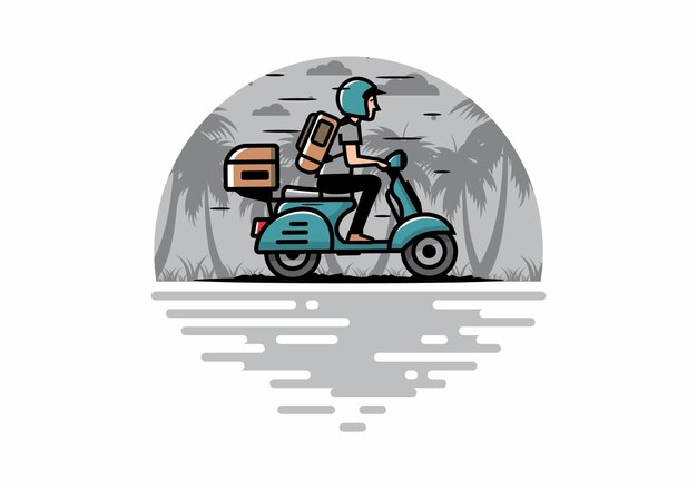 Homem vai de férias andando ilustração de scooter