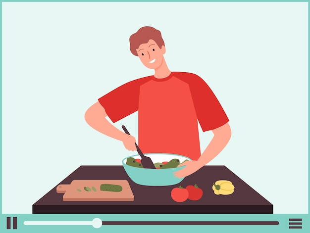 Homem vegano. Blogueiro de comida vegetariana, cara cozinheiro salada de vegetais. Tutoriais de escola de culinária online, ilustração vetorial de vlog de preparação de alimentos. Blogueiro vegetariano, cozinha preparada em casa vlog