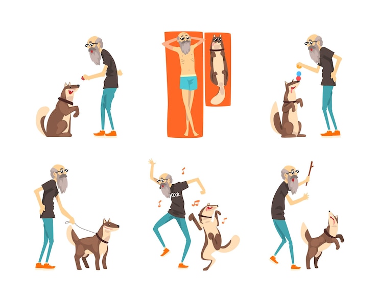 Vetor homem velho a caminhar com o seu cão a tomar sol a tocar e a dançar ao som de música vector set
