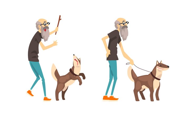 Vetor homem velho caminhando com seu cão set homem idoso solitário se divertindo com seu animal de estimação ilustração vetorial de desenho animado