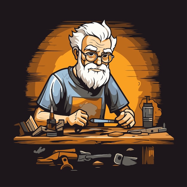 Homem velho trabalhando na oficina de carpintaria ilustração vetorial para o seu projeto