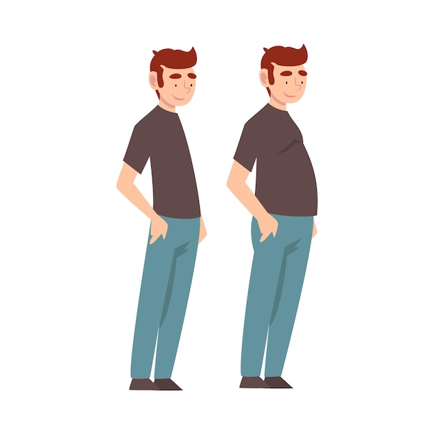 Homem vestindo roupas casuais antes e depois da perda de peso corpo masculino mudando através de nutrição saudável