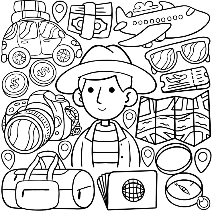 Vetor homem viajante kawaii doodle linha arte ilustração vetorial