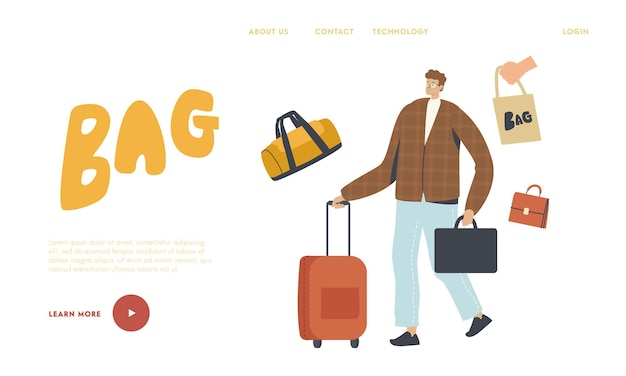 Homem viajar com modelo de página de destino de mala. personagem masculino com maleta e bagagem nas mãos. viagem de empresário ou turista ir de férias de verão com bagagem. ilustração vetorial linear