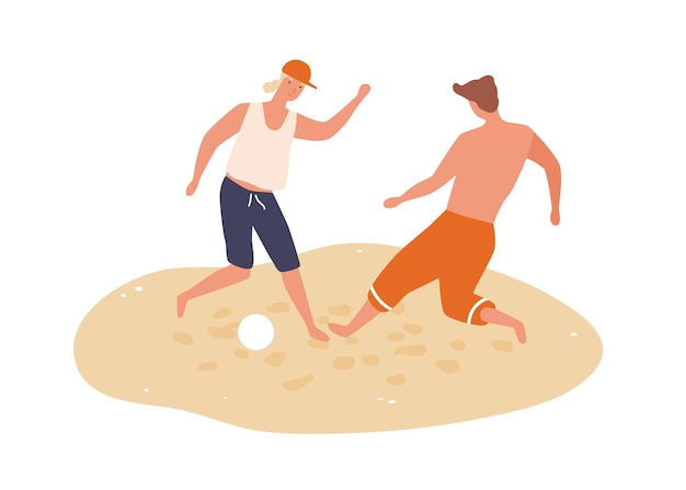 Vetor homens alegres jogando futebol na praia de verão. amigos do sexo masculino passam tempo juntos. cena de atividade recreativa de verão. ilustração em vetor plana dos desenhos animados isolada no fundo branco.