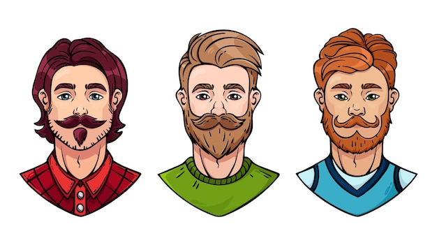 Vetor homens barbudos vetoriais com barbas de penteados diferentes, bigodes e cor do cabelo. ilustração a cores.