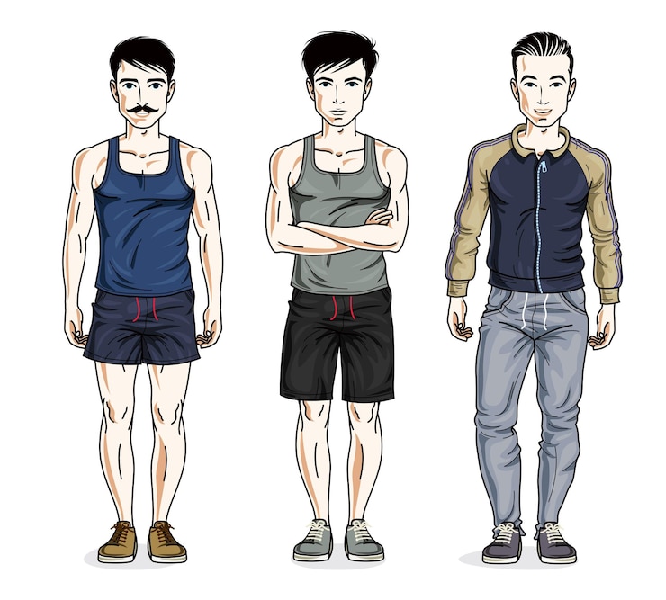 Vetor homens bonitos confiantes posando em roupas esportivas elegantes. conjunto vetorial de ilustrações de pessoas bonitas. personagens masculinos do tema estilo de vida.