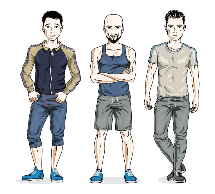 Vetor homens bonitos confiantes posando em roupas esportivas elegantes. conjunto vetorial de ilustrações de pessoas bonitas. personagens masculinos do tema estilo de vida.