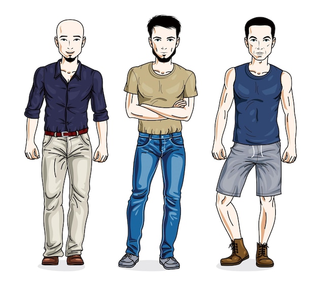 Homens bonitos confiantes vestindo roupas casuais da moda. conjunto de caracteres do vetor. personagens masculinos do tema estilo de vida.