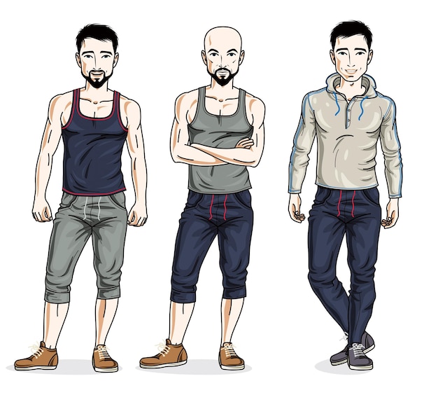 Vetor homens bonitos em roupas esportivas elegantes, esportistas e pessoas de fitness. conjunto de caracteres de pessoas diferentes do vetor. personagens masculinos do tema estilo de vida.