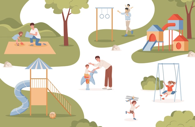 Homens caminhando e brincando com seus filhos ao ar livre na ilustração plana do parque urbano