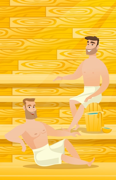 Homens caucasianos relaxantes na sauna.