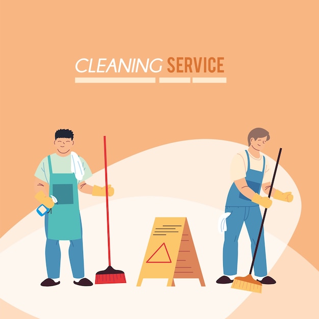 Homens com avental e vassouras para serviço de limpeza. ilustração desing