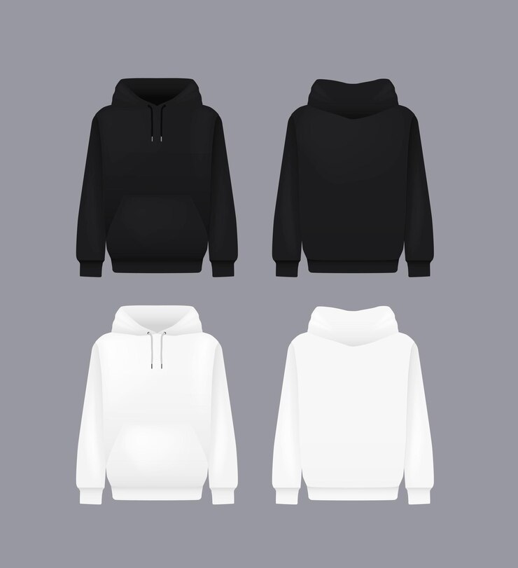 Vetor homens com capuz preto e branco modelo de jumper realista com capuz de mangas longas