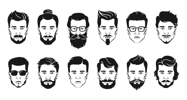 Homens com silhueta de barba rosto masculino com diferentes tipos de corte de barba e bigodes coleção de retratos masculinos hipster corte de cabelo moreno cara avatar e logotipo de barbearia conjunto de penteados vetoriais