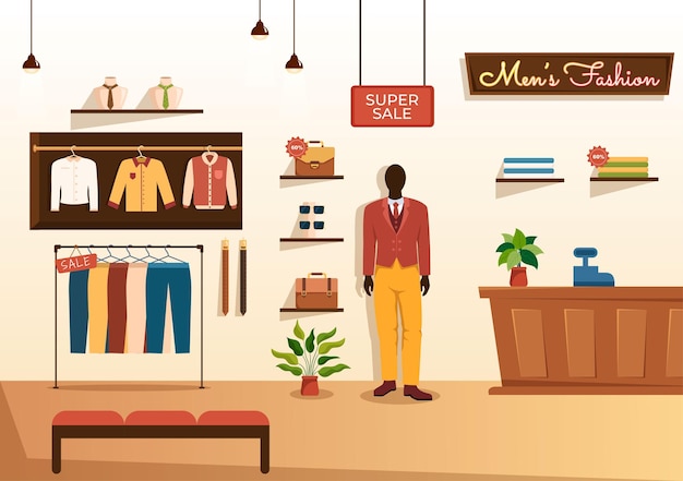 Homens da moda e roupa de homem elegante na loja de roupas para fazer compras na ilustração plana