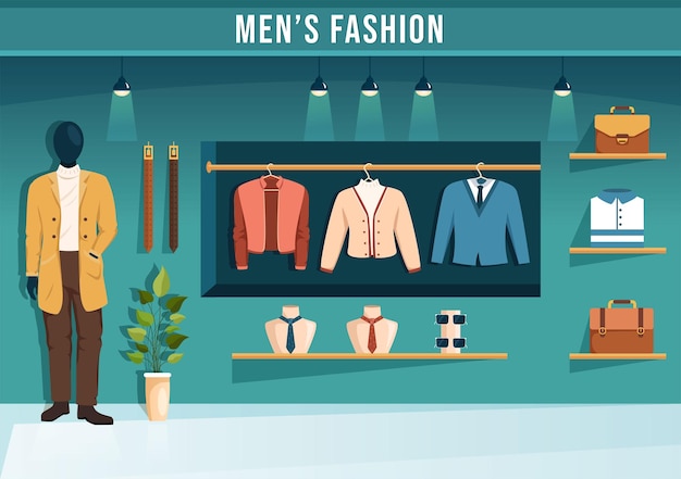 Vetor homens da moda e roupa de homem elegante na loja de roupas para fazer compras na ilustração plana