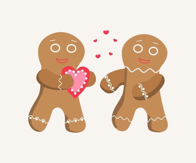 Vetor homens de pão de gengibre com coração casal de amantes um cartão postal de felicitações amor em forma de coração