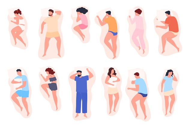 Homens e mulheres dormem em posições diferentes Ilustração em vetor sono saudável confortável