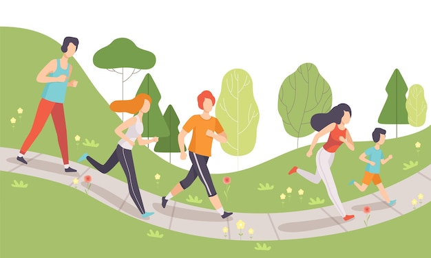 Homens e mulheres jovens correndo e correndo em atividades físicas no parque, estilo de vida saudável e
