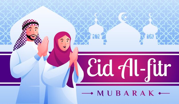 Homens e mulheres muçulmanos dão as boas-vindas a eid al fitr mubarak