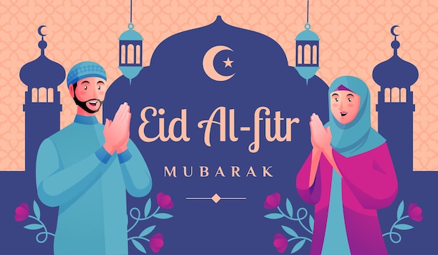Homens e mulheres muçulmanos dão as boas-vindas a eid al fitr mubarak