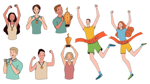 Homens e mulheres vencedores, correndo até a chegada, segurando taças e medalhas. conceito de pessoas vencedores. conjunto de ilustrações vetoriais desenhadas à mão. desenhos coloridos do doodle em estilo simples, isolado no branco.