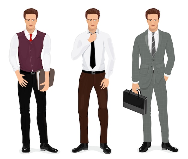 Homens em roupas elegantes. conjunto de empresários. personagens masculinos detalhados. ilustração vetorial