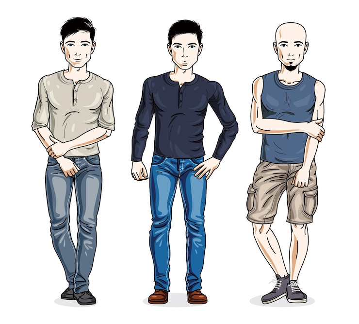 Vetor homens felizes vestindo roupas casuais da moda. conjunto vetorial de ilustrações de pessoas bonitas.