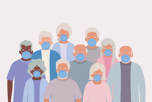 Homens idosos e mulheres com design de máscaras