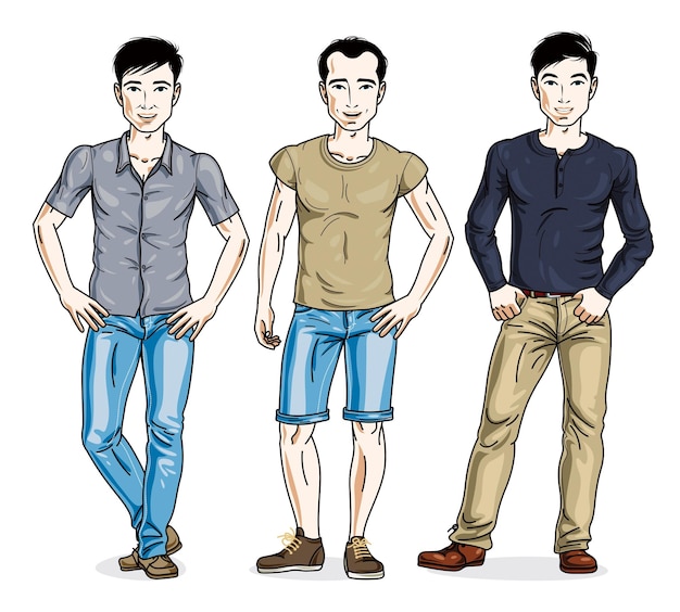 Homens jovens bonitos em roupas casuais elegantes. conjunto de ilustrações vetoriais de diversas pessoas. personagens masculinos do tema estilo de vida.
